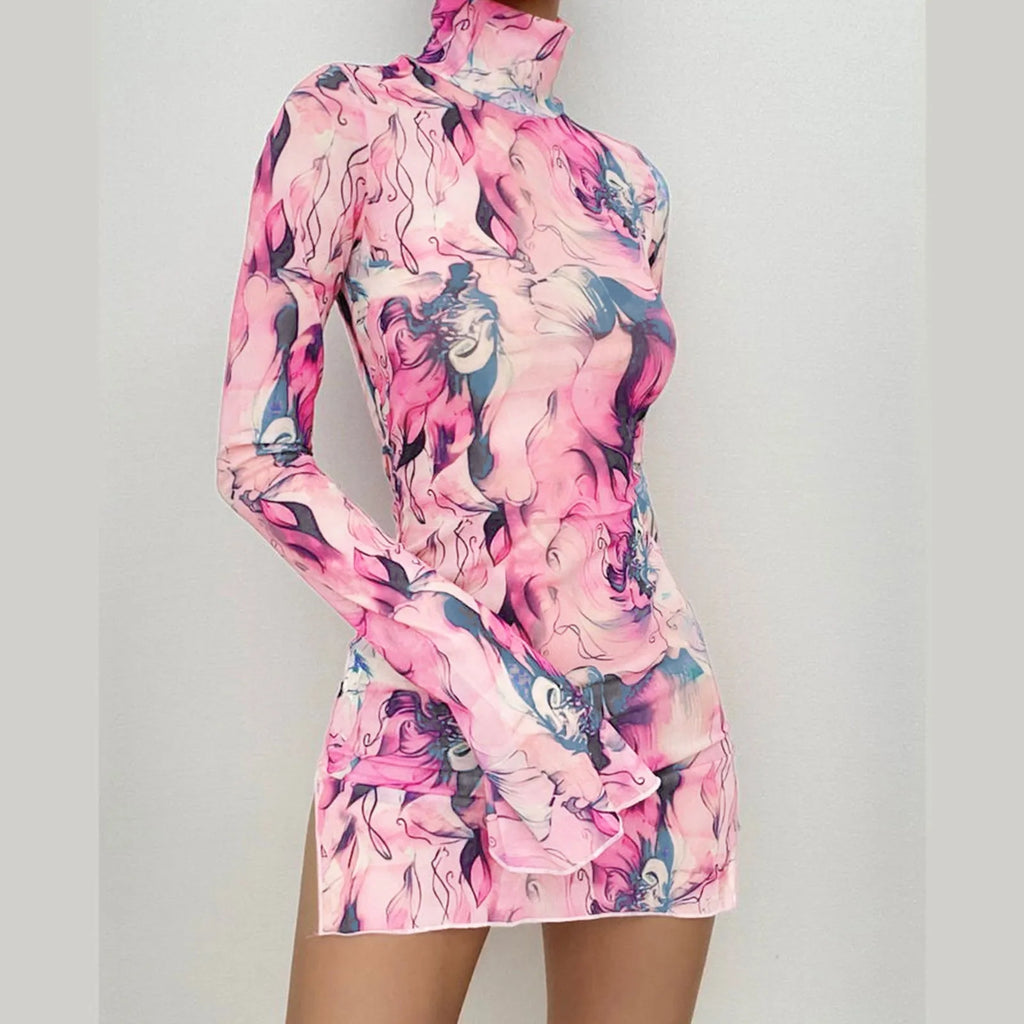 Abstract Mesh Bodycon Mini Dress with Bell Sleeves and Sheer Streetwear Styling