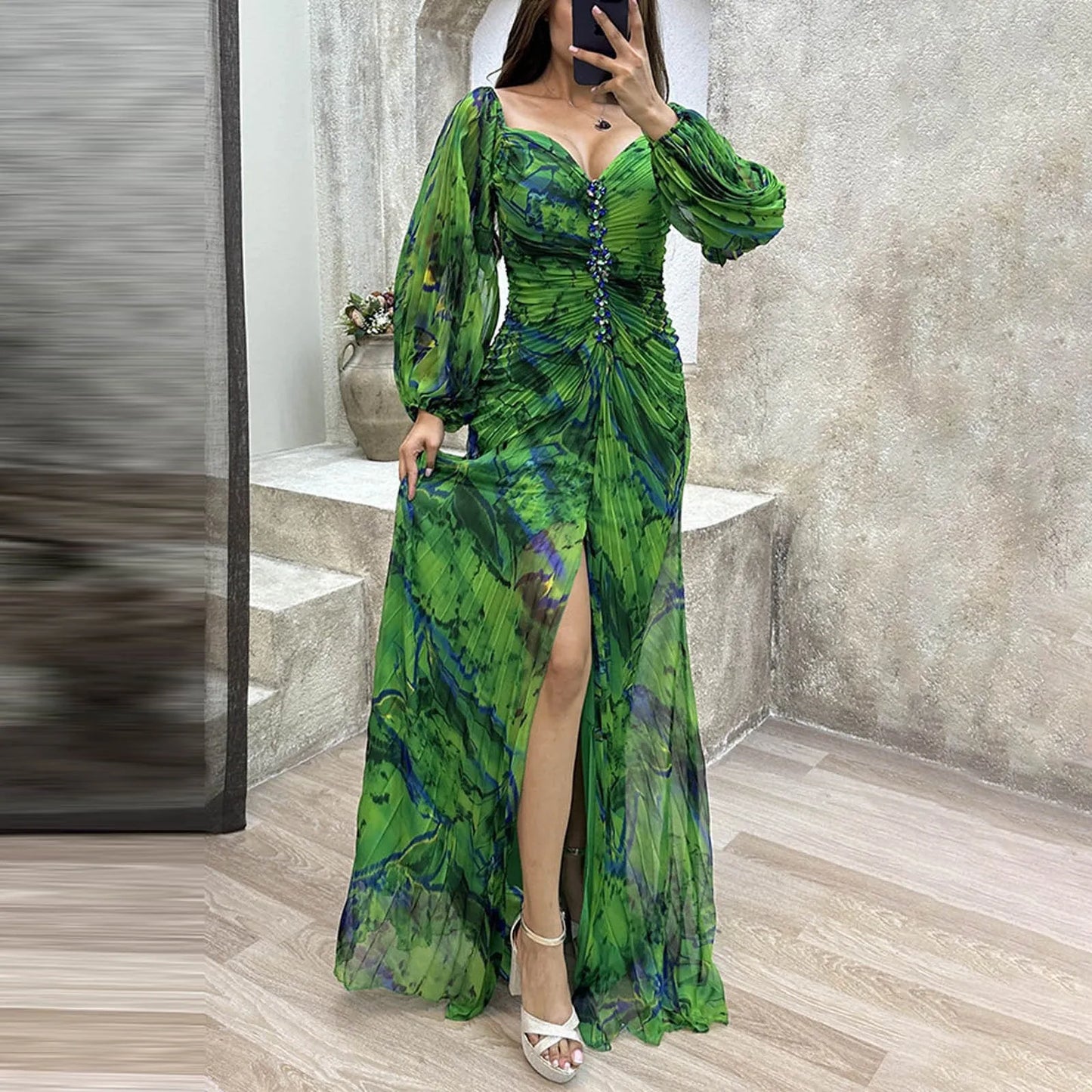 Printed Pleated Maxi Dress with Long Sleeves and Side Slit