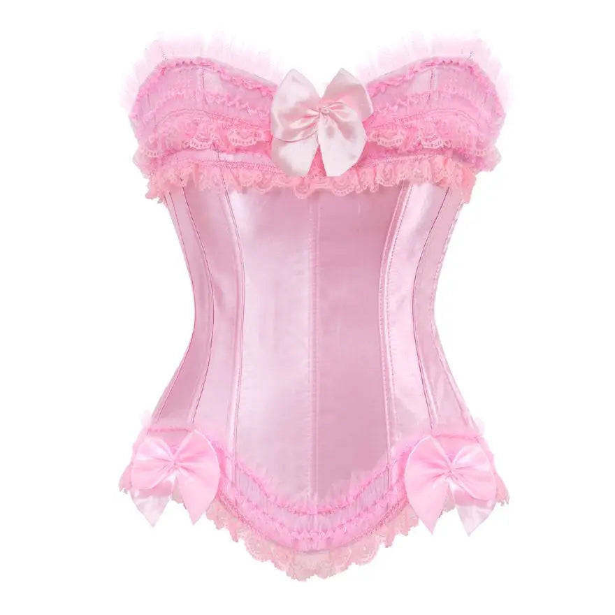 Playful Pink Satin Overbust Corset with Lace Trim and Delicate Bow Accents