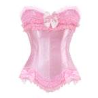 Playful Pink Satin Overbust Corset with Lace Trim and Delicate Bow Accents