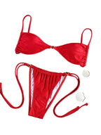 Crimson Red Triangle Bikini Set with Ruched Detailing and Gold-Tone Hardware