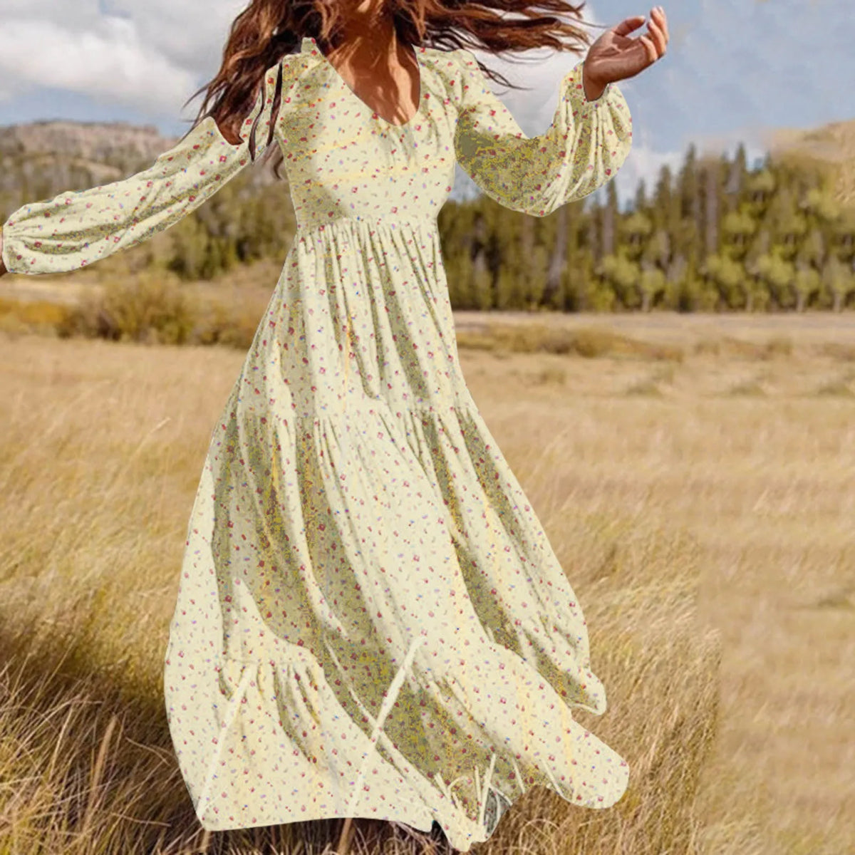 Flowing Bohemian Floral Maxi Dress with Tiered Skirt and Voluminous Sleeves