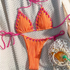 Textured Cream String Bikini with Braided Contrast Border Trim