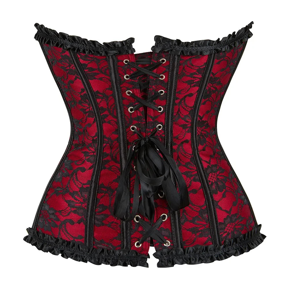 Floral Lace Overbust Corset with Structured Boning and Decorative Bow Detail