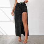 High Waist Denim Maxi Skirt with Front High Slit Contemporary Casual Everyday Style