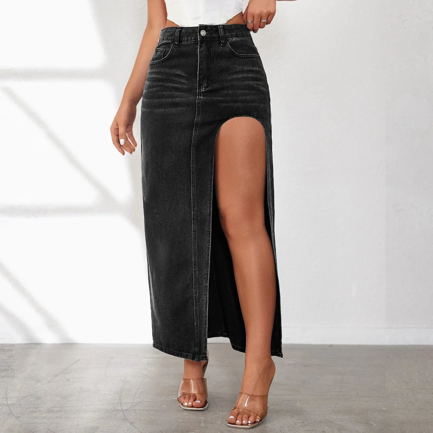 High Waist Denim Maxi Skirt with Front High Slit Contemporary Casual Everyday Style