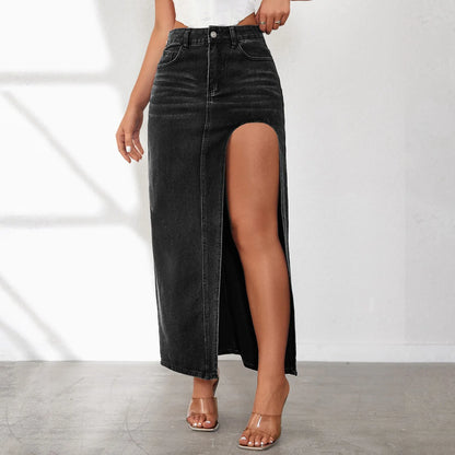 High Waist Denim Maxi Skirt with Front High Slit Contemporary Casual Everyday Style