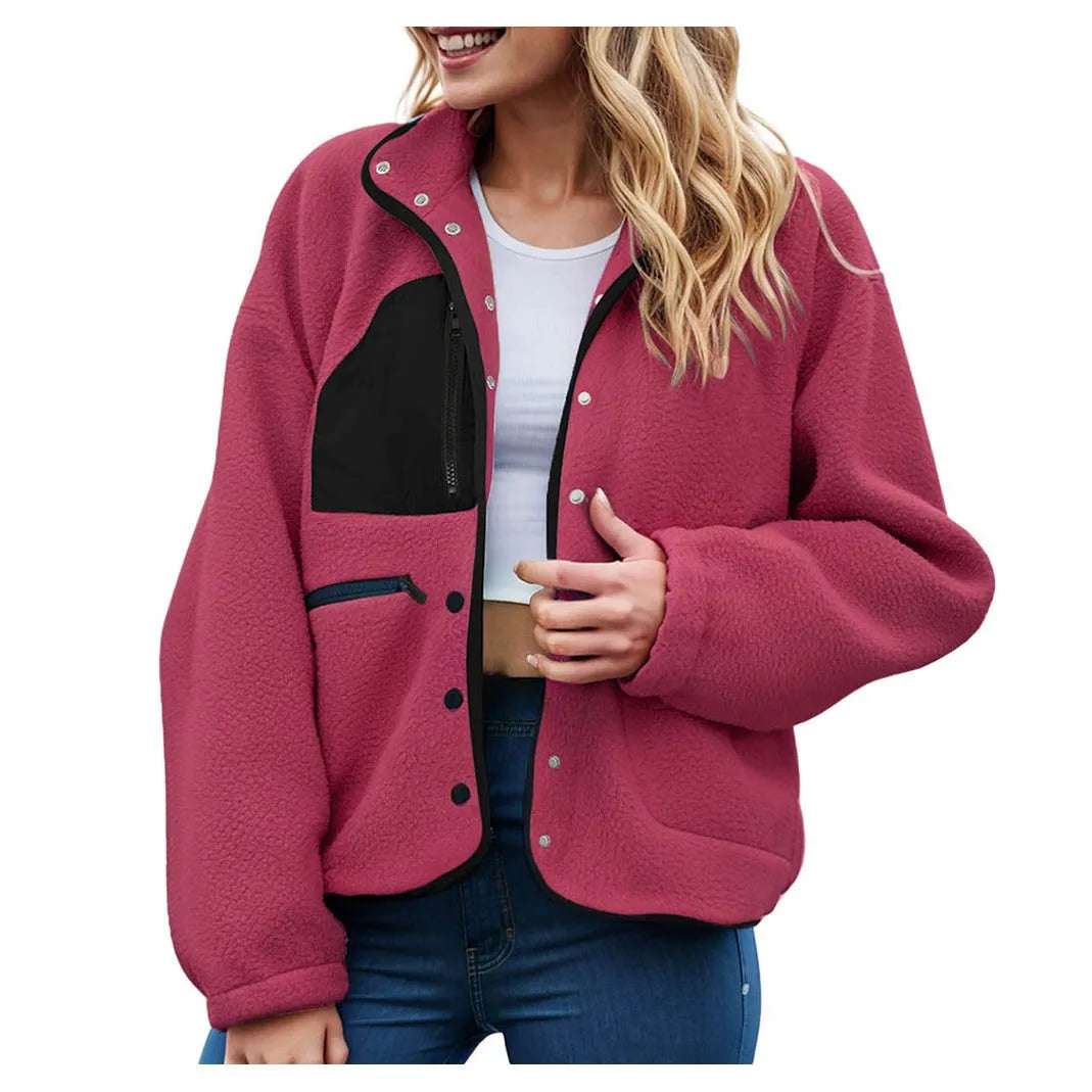 Women's Cropped Teddy Fleece Button Front Jacket Cozy Casual Everyday Layering Outerwear
