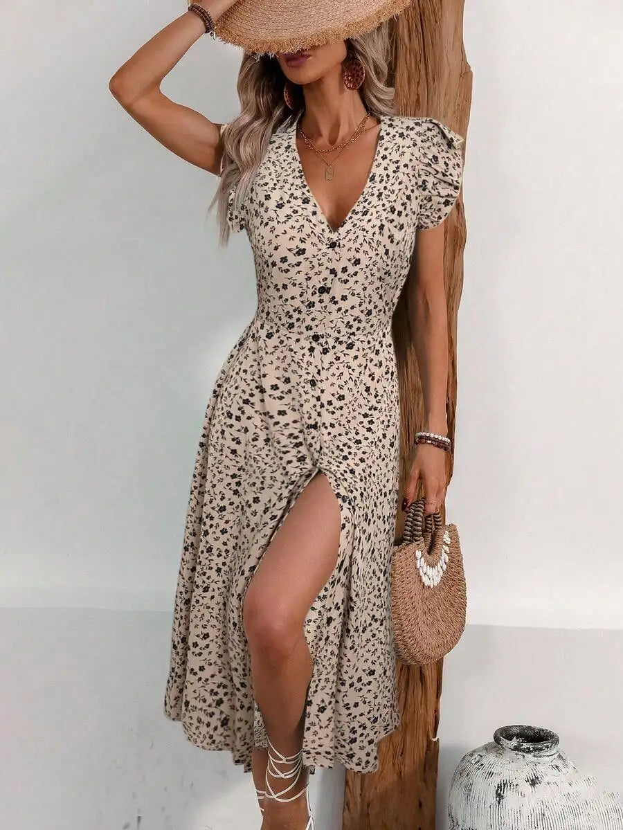 V-Neck Button Front Midi Dress with Side Slit and Puff Sleeves