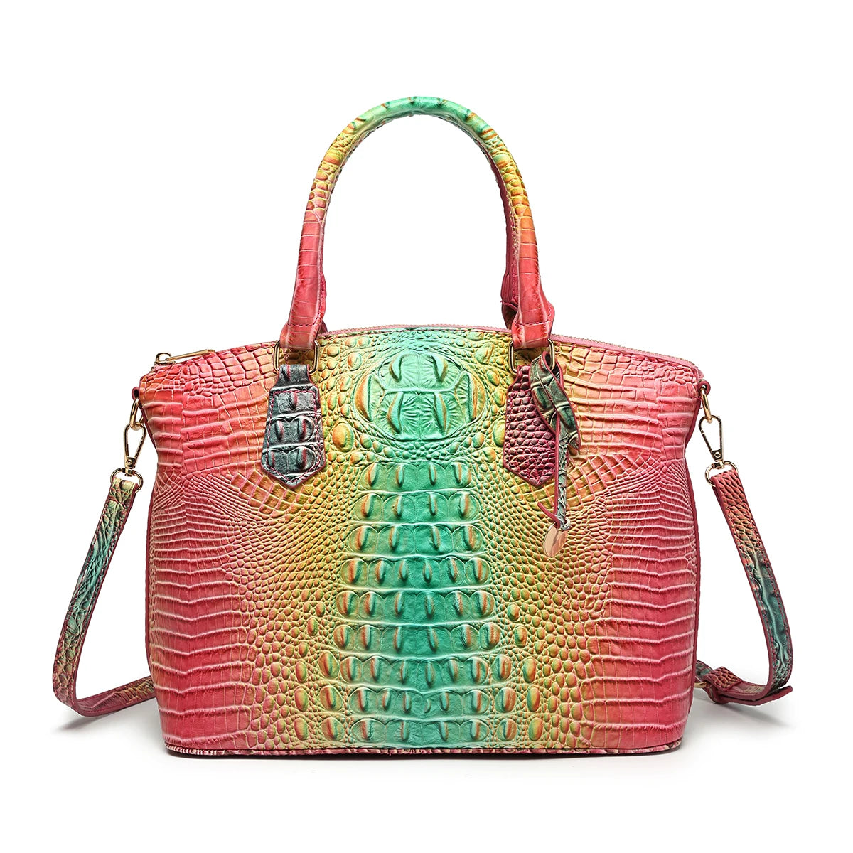 Embossed Dome Satchel Bag with Top Handle and Detachable Shoulder Strap