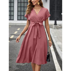Dusty Rose Wrap-Style Midi Dress with Short Sleeves and Tie Waist
