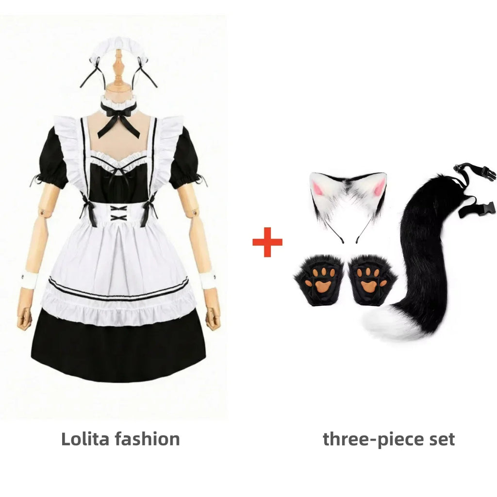 Complete Black and White Fox Maid Cosplay Set with Plush Paws, Tail, and Ear Headband