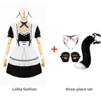Complete Black and White Fox Maid Cosplay Set with Plush Paws, Tail, and Ear Headband