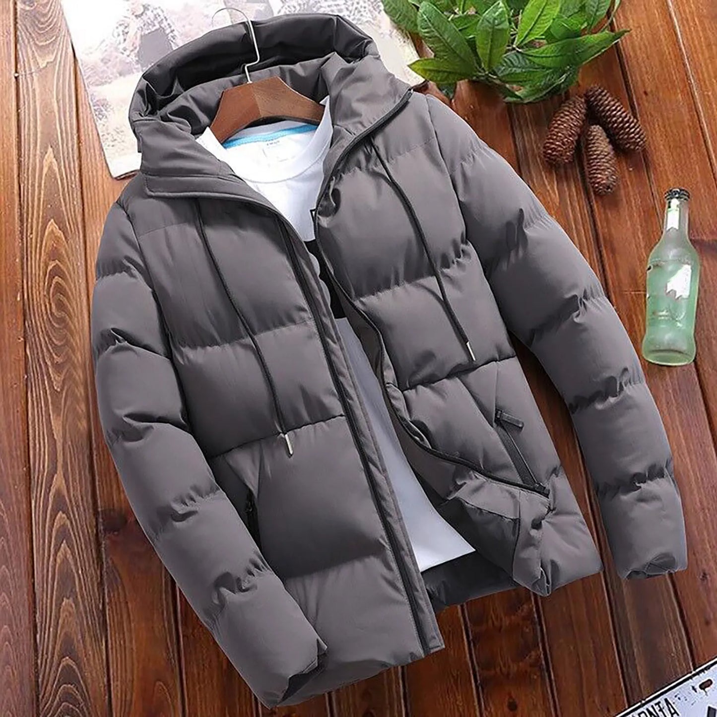 Men's Hooded Quilted Puffer Jacket with Relaxed Fit for Everyday Winter Streetwear