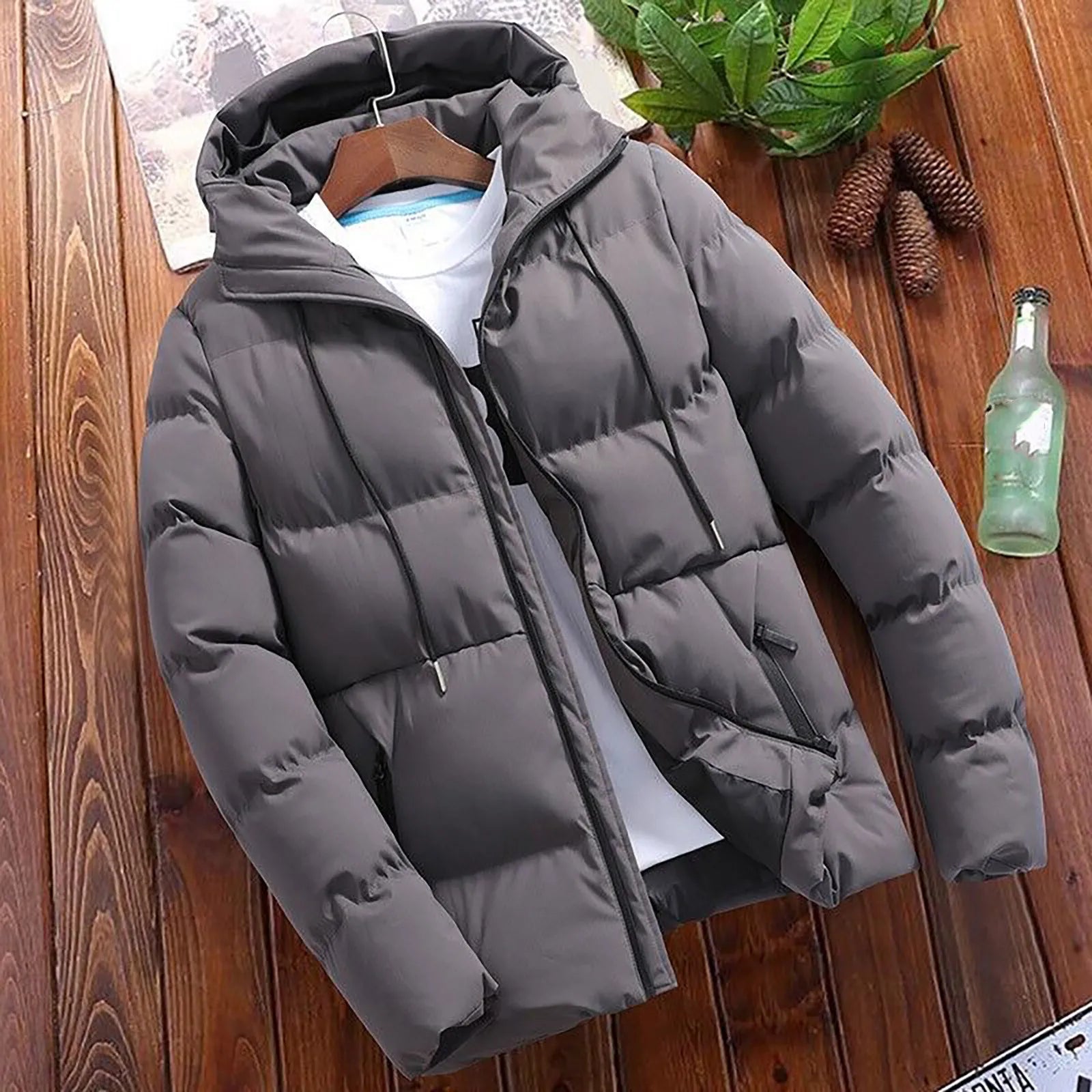 Men's Hooded Quilted Puffer Jacket with Relaxed Fit for Everyday Winter Streetwear