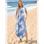 Tropical Print Cap Sleeve Maxi Dress with Pockets Casual Vacation Style