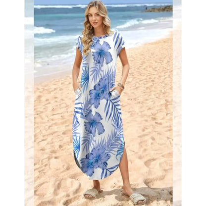 Tropical Print Cap Sleeve Maxi Dress with Pockets Casual Vacation Style
