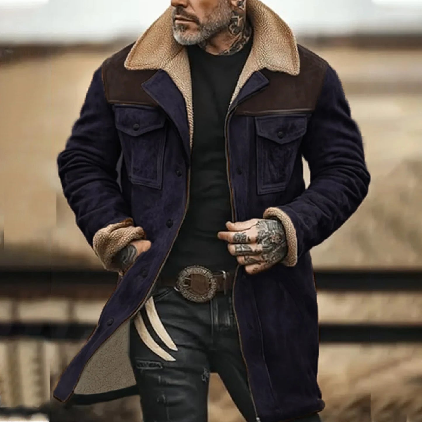 Men's Vintage Faux Suede Utility Jacket with Sherpa Collar and Multi Pocket Design