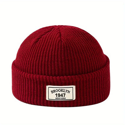 Ribbed Polyester Cuffed Knit Beanie with Woven Patch for Everyday Winter Streetwear Style