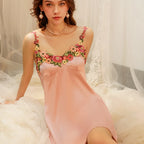 Chartreuse Satin-Finish Slip Dress with Vibrant Floral Embroidery