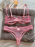 Vibrant Floral Rose Embroidery Sheer Underwire Lingerie Set
