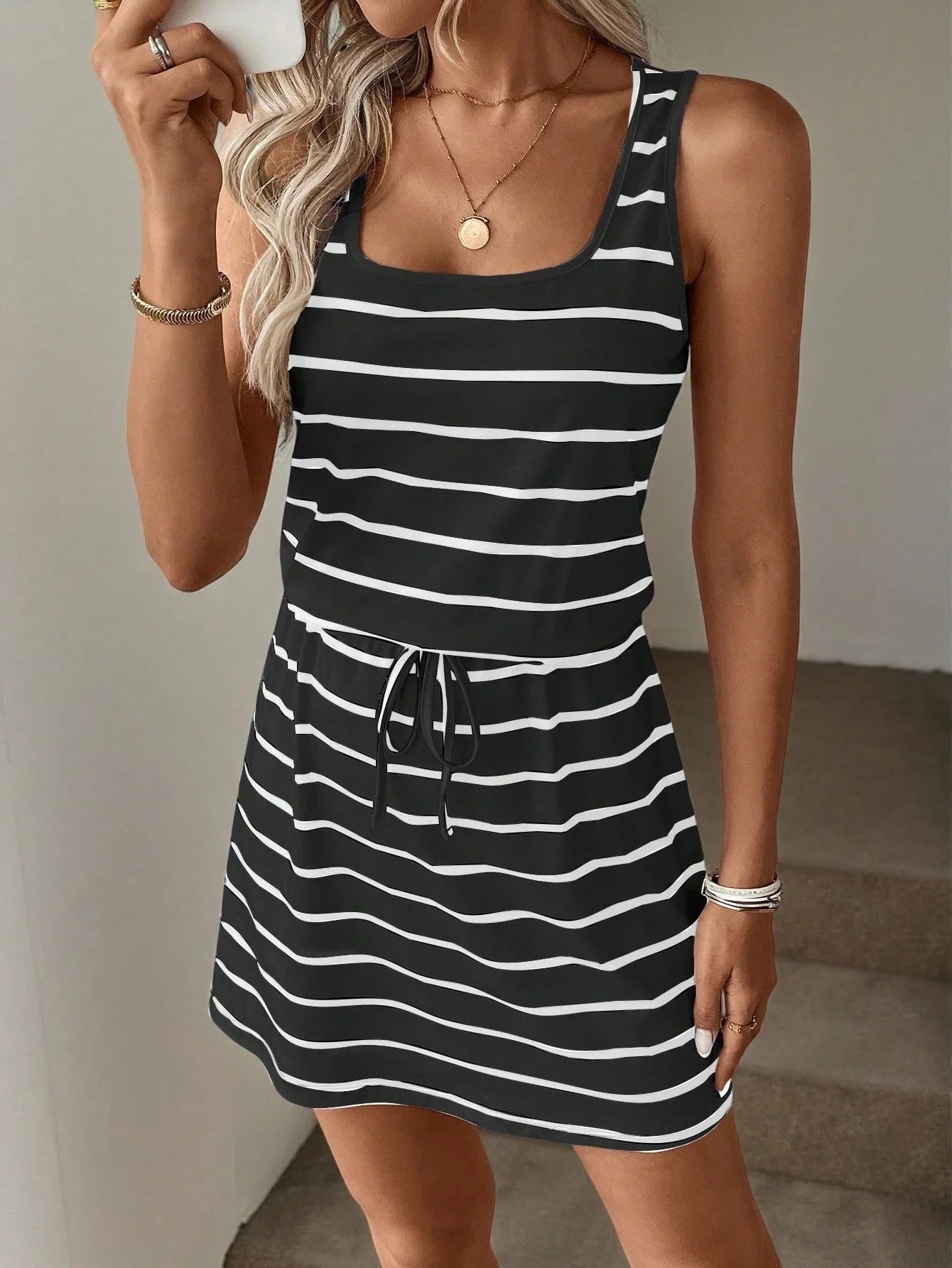 Striped Sleeveless Drawstring Waist Mini Dress with Relaxed Everyday Style