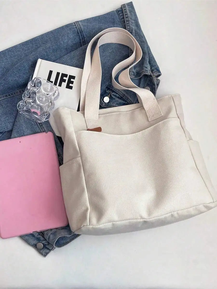 Vintage Canvas Tote Shoulder Bag with Multi Pocket Utility Design