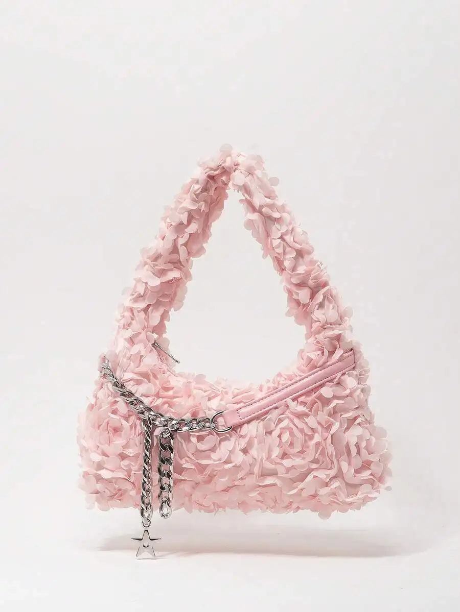 Faux Fur Hobo Shoulder Bag with Chain Detail Y2K Inspired Styling