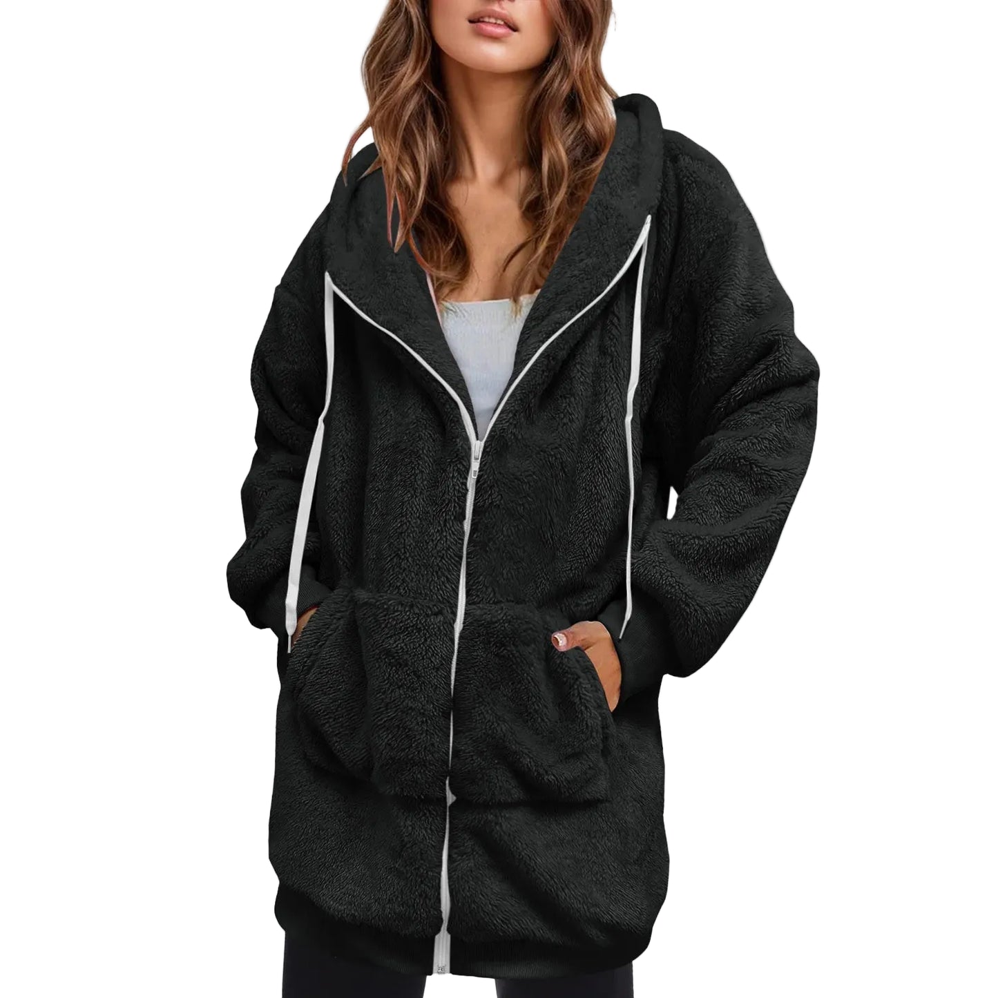 Women's Oversized Hooded Plush Fleece Zip Jacket for Cozy Streetwear Layering