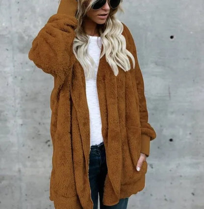 Women's Hooded Plush Fleece Cardigan Open Front Cozy Casual Layering Jacket