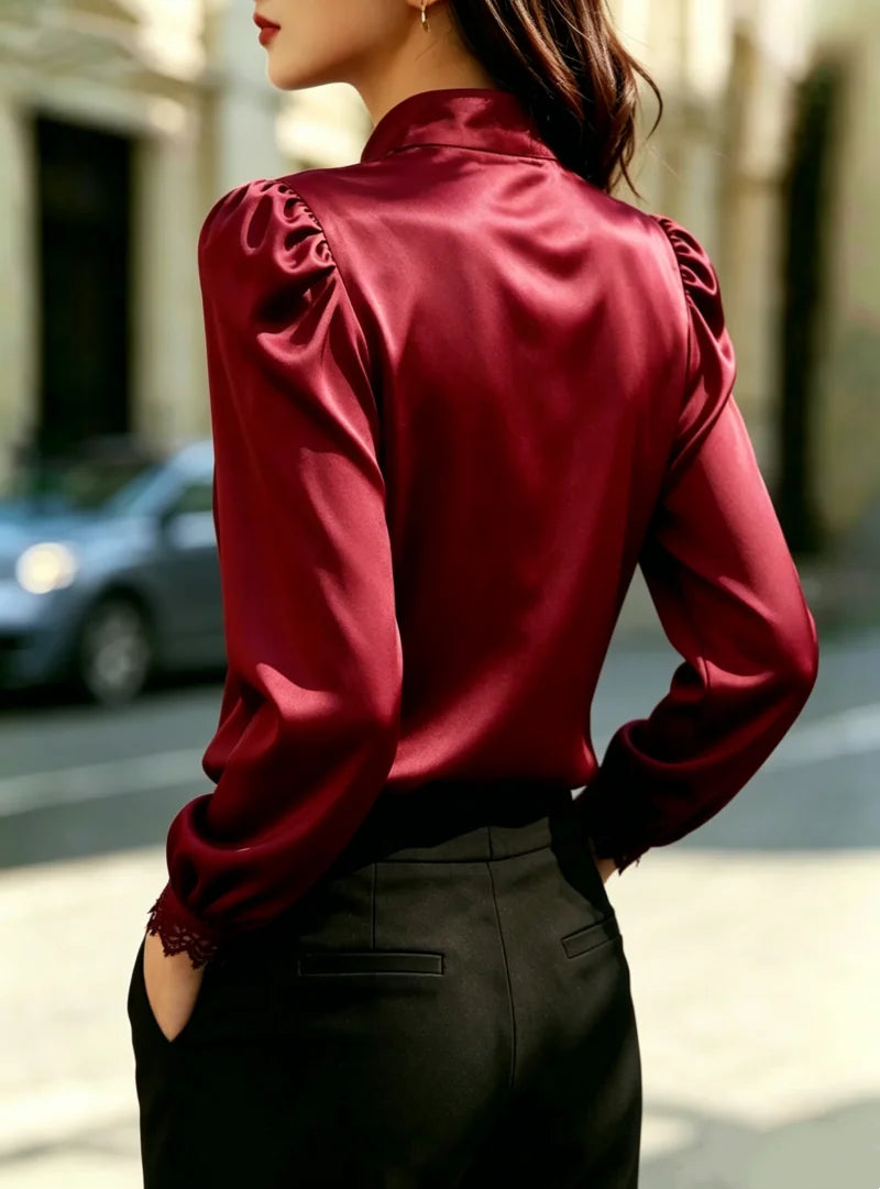 Lustrous Burgundy Satin-Finish Blouse with Stand Collar and Lace Trim Placket