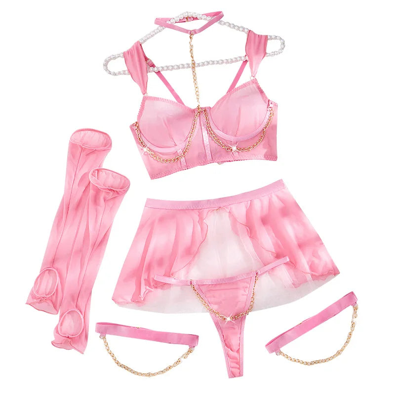 Playful Pink Sheer Mesh Lingerie Set with Gold-Toned Chain Accents and Accessories