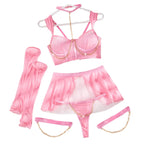 Playful Pink Sheer Mesh Lingerie Set with Gold-Toned Chain Accents and Accessories