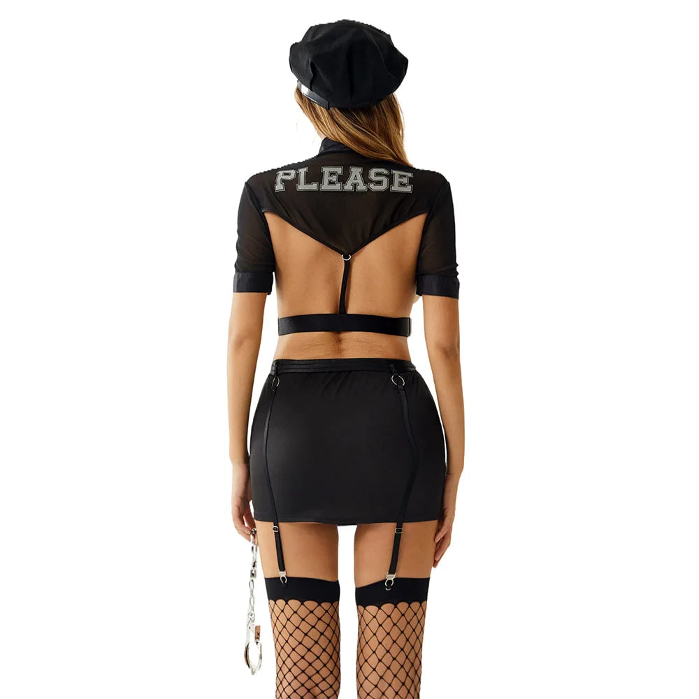 Daring Sheer Mesh Police Roleplay Set with Harness Accents and Garter Skirt