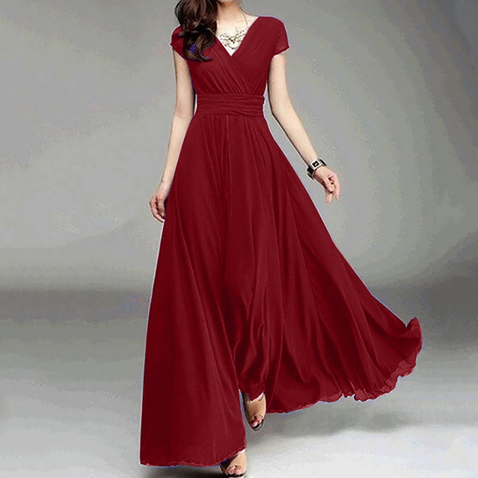Flowing V Neck Maxi Dress With Soft Pleated Movement