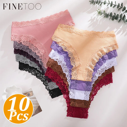 10-Piece Women’s Lace-Trimmed Mid-Rise Briefs Set with Ribbed-Look Texture and Assorted Feminine Colors