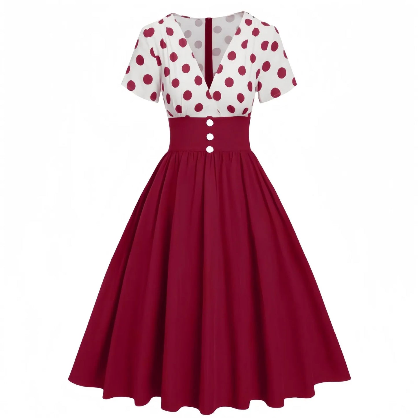 Vintage Polka Dot Contrast Bodice Rockabilly Inspired Swing Midi Dress