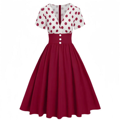 Vintage Polka Dot Contrast Bodice Rockabilly Inspired Swing Midi Dress
