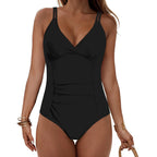 Elegant Ruched Black One-Piece Swimsuit with Deep V-Neck, Adjustable Halter Straps and Sleek Beachwear Silhouette
