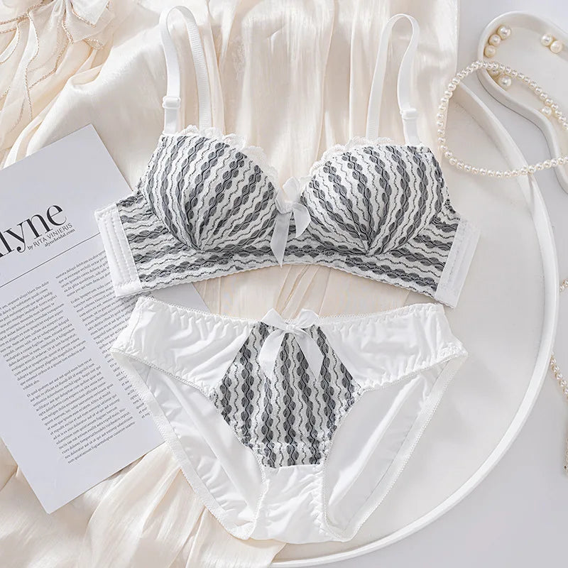 Playful Gingham Check and White Wire-Free Bra Set with Ruffled Lace Trim