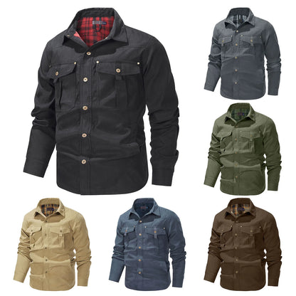 Men's Plaid-Lined Utility Overshirt Jacket with Vintage Casual Styling