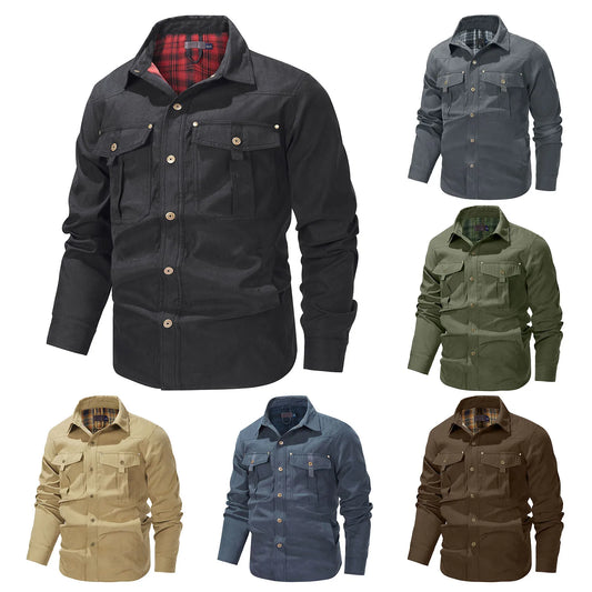 Men's Plaid-Lined Utility Overshirt Jacket with Vintage Casual Styling
