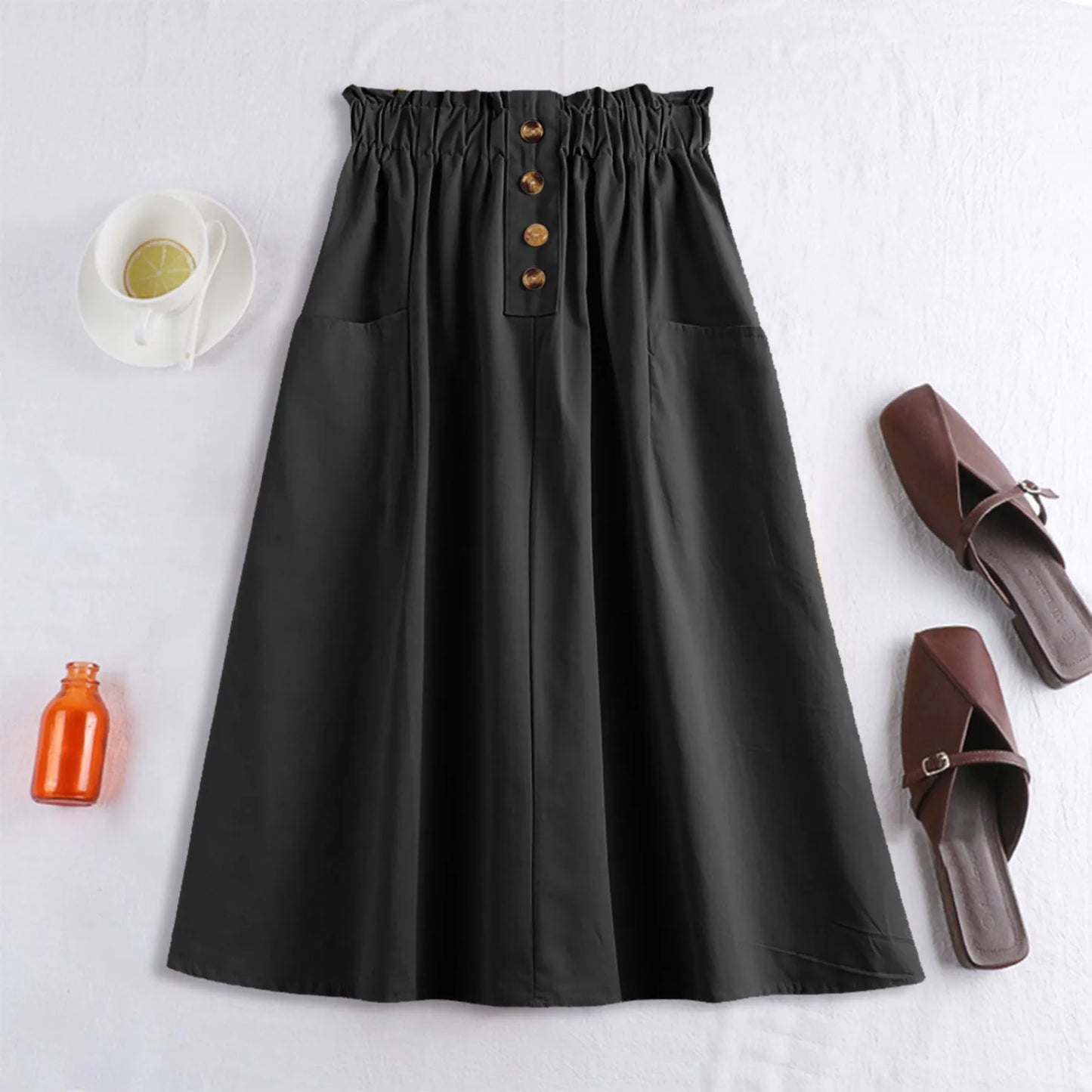 Elastic Waist A-Line Midi Skirt with Functional Side Pockets