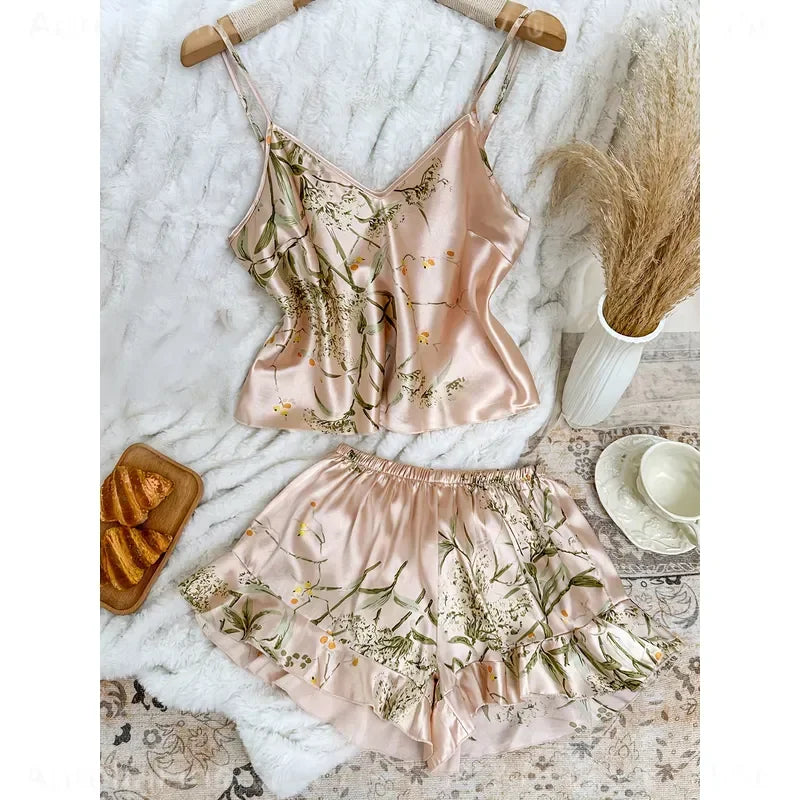 Women's Cherry-Inspired Print Cami Pajama Set with Ruffle Trim, V-Neck Spaghetti-Strap Top and Matching Shorts, Cute Loungewear