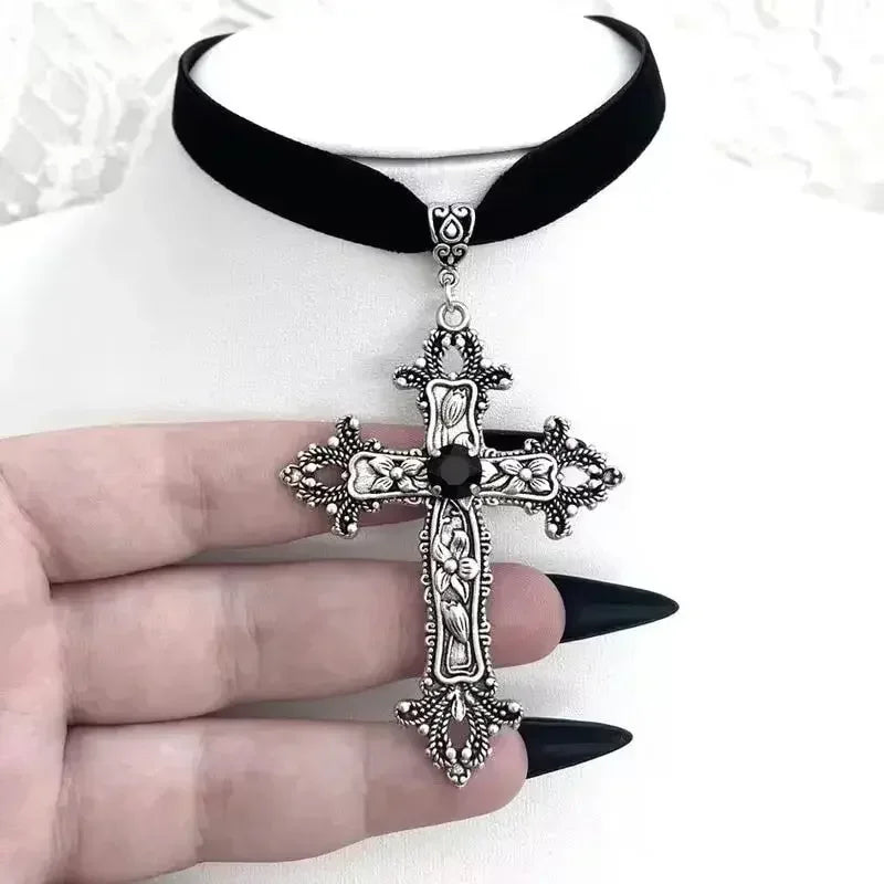 Victorian Inspired Cross Choker Necklace for Gothic Dark Romantic Style
