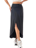 High Waist A-Line Midi Skirt with Front Slit Flowing Contemporary Casual Style