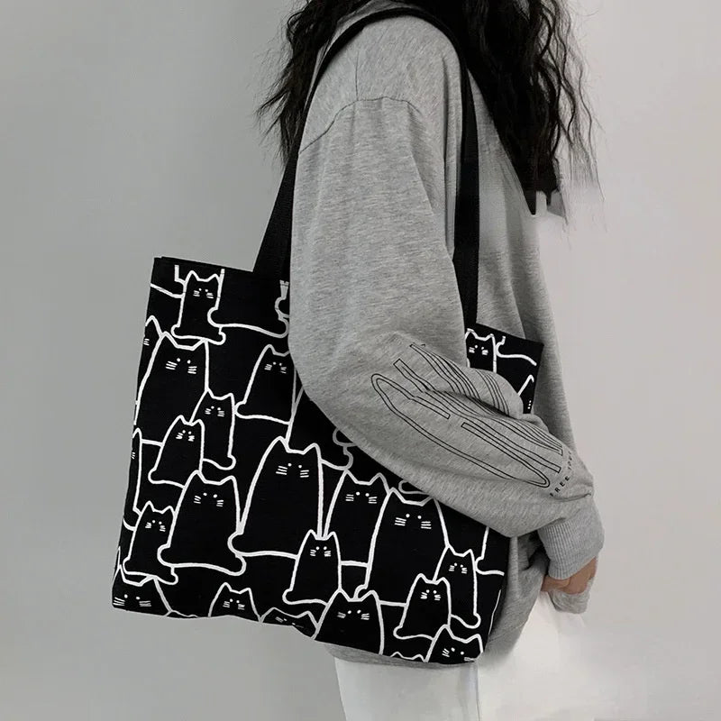 Graphic Pattern Canvas Style Tote Shoulder Bag with Zip Closure