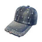 Distressed Denim Adjustable Baseball Cap with Embroidered Details for Casual Everyday Streetwear Style