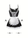 Women's Lace Trim Maid-Inspired Mini Dress Set with Apron and Hair Accessory