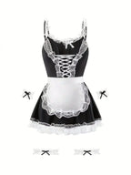 Women's Lace Trim Maid-Inspired Mini Dress Set with Apron and Hair Accessory